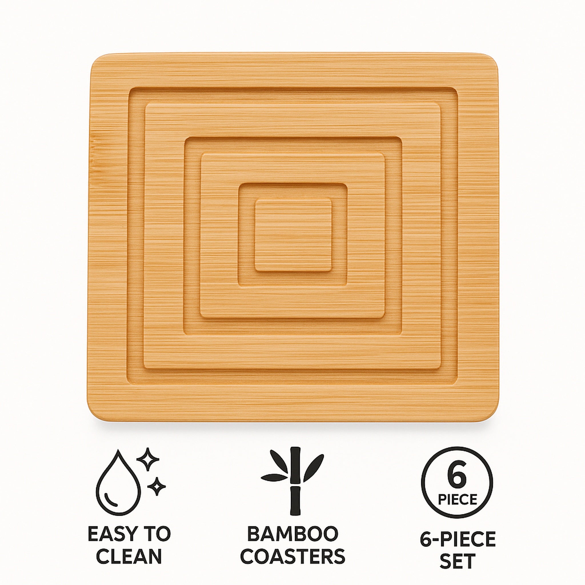 REGENT BAMBOO SQUARE COASTERS IN A HOLDER 7 PIECE SET, 100X100MM