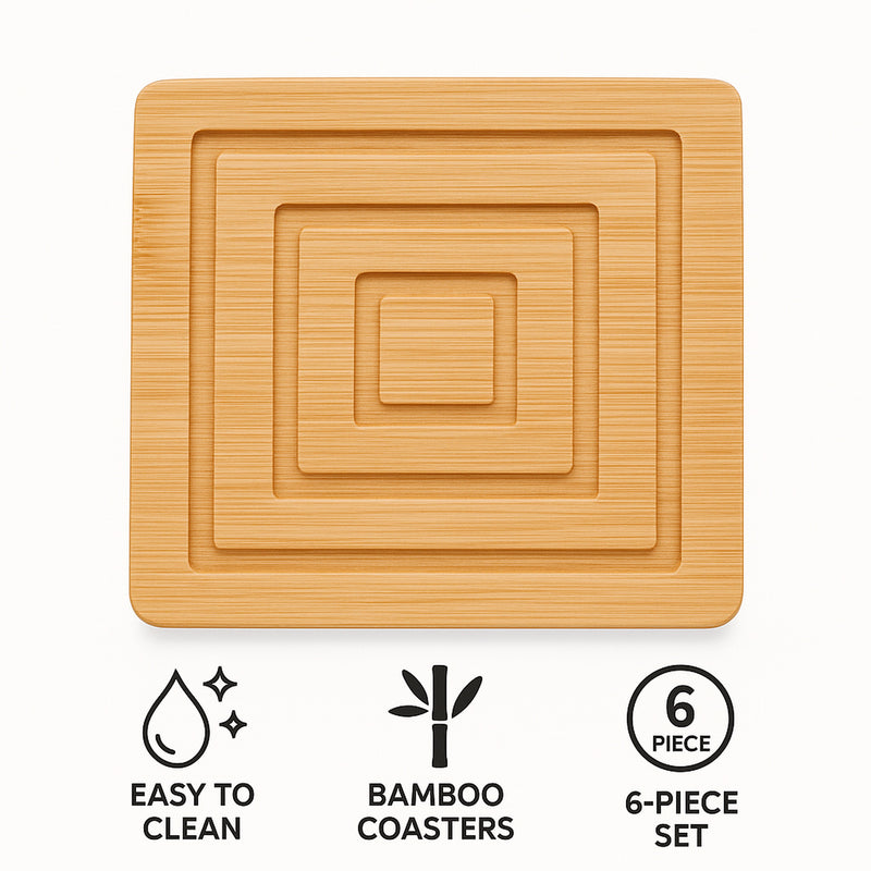 REGENT BAMBOO SQUARE COASTERS IN A HOLDER 6 PCE SET, 100X100MM