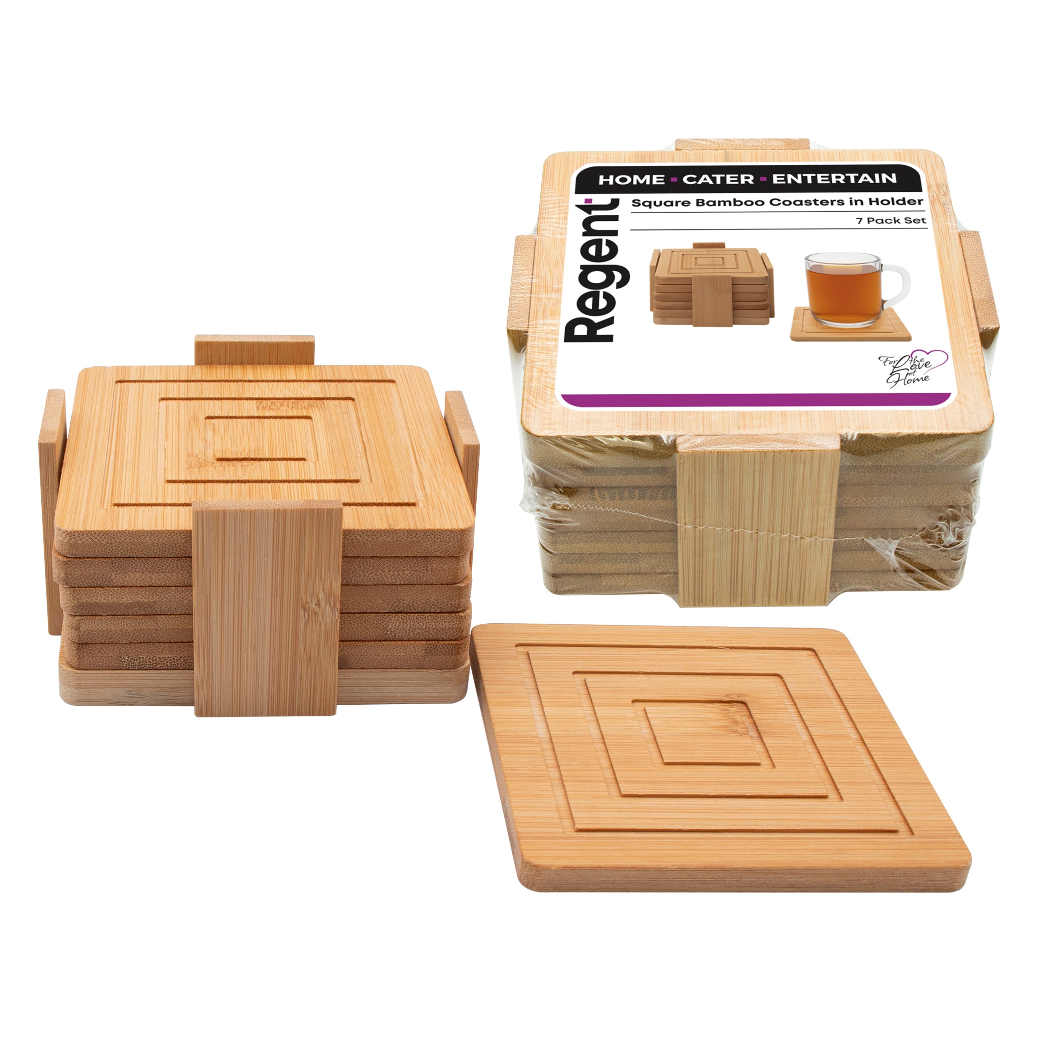 REGENT BAMBOO SQUARE COASTERS IN A HOLDER 7 PIECE SET, 100X100MM