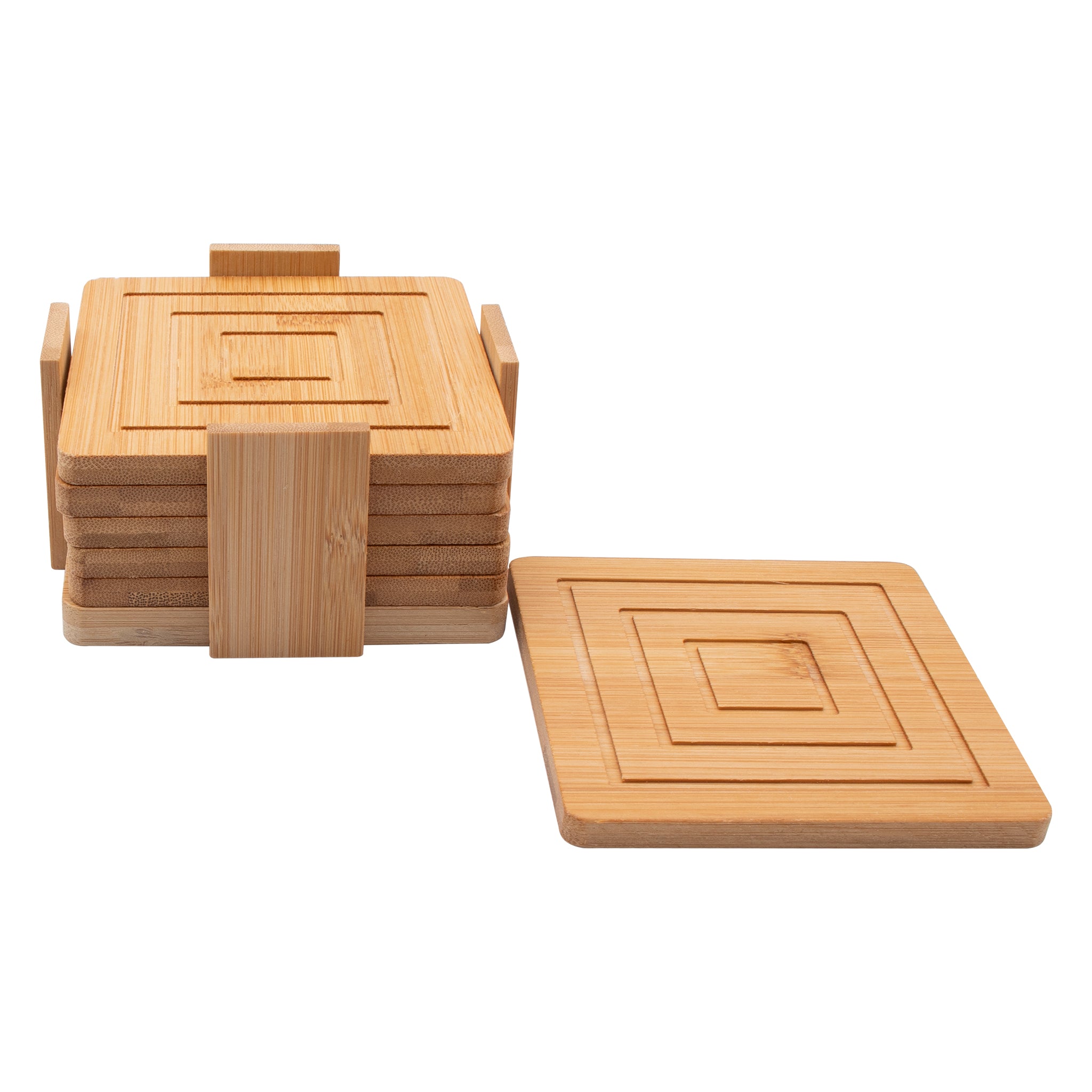 REGENT BAMBOO SQUARE COASTERS IN A HOLDER 7 PIECE SET, 100X100MM