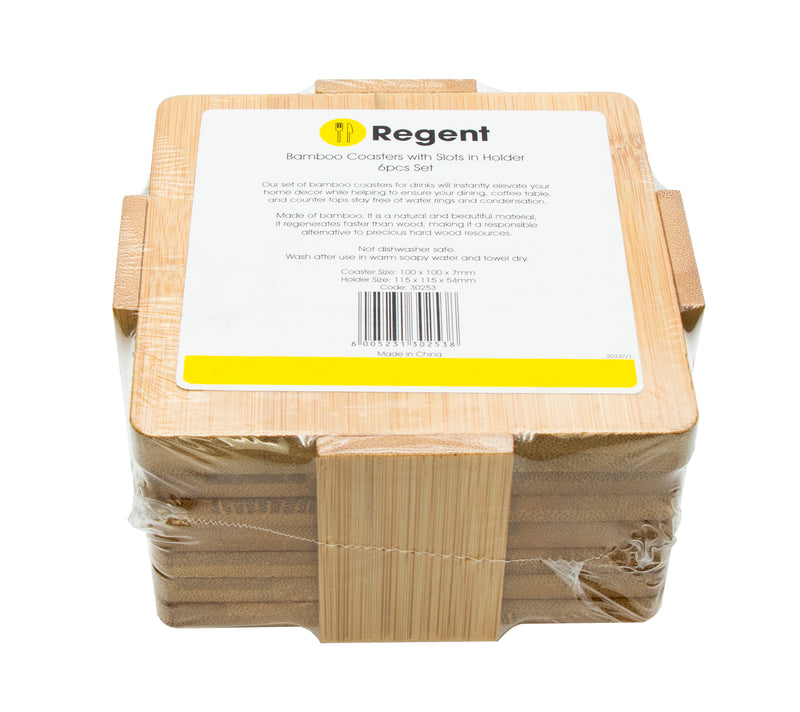 REGENT BAMBOO SQUARE COASTERS IN A HOLDER 6 PCE SET