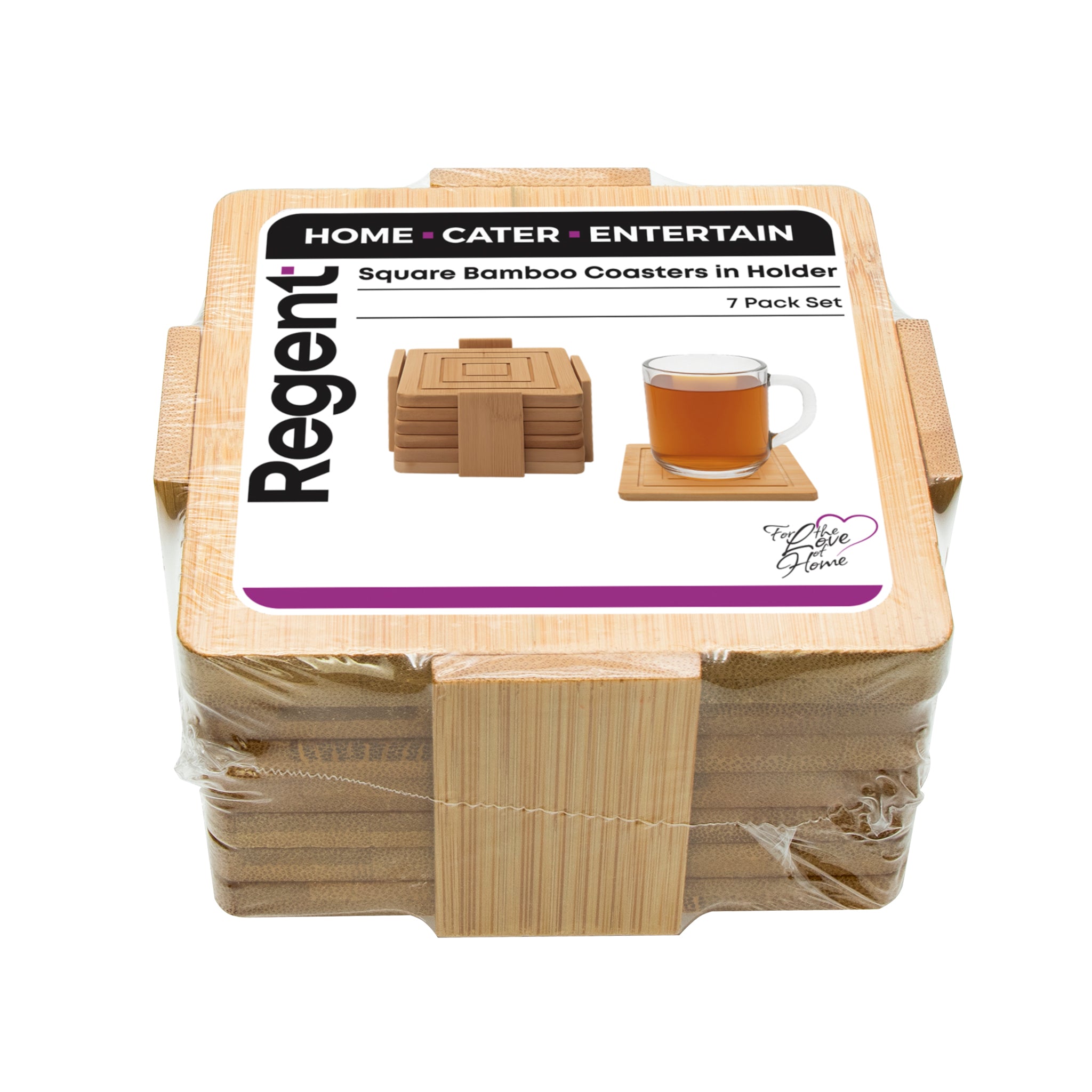 REGENT BAMBOO SQUARE COASTERS IN A HOLDER 7 PIECE SET, 100X100MM