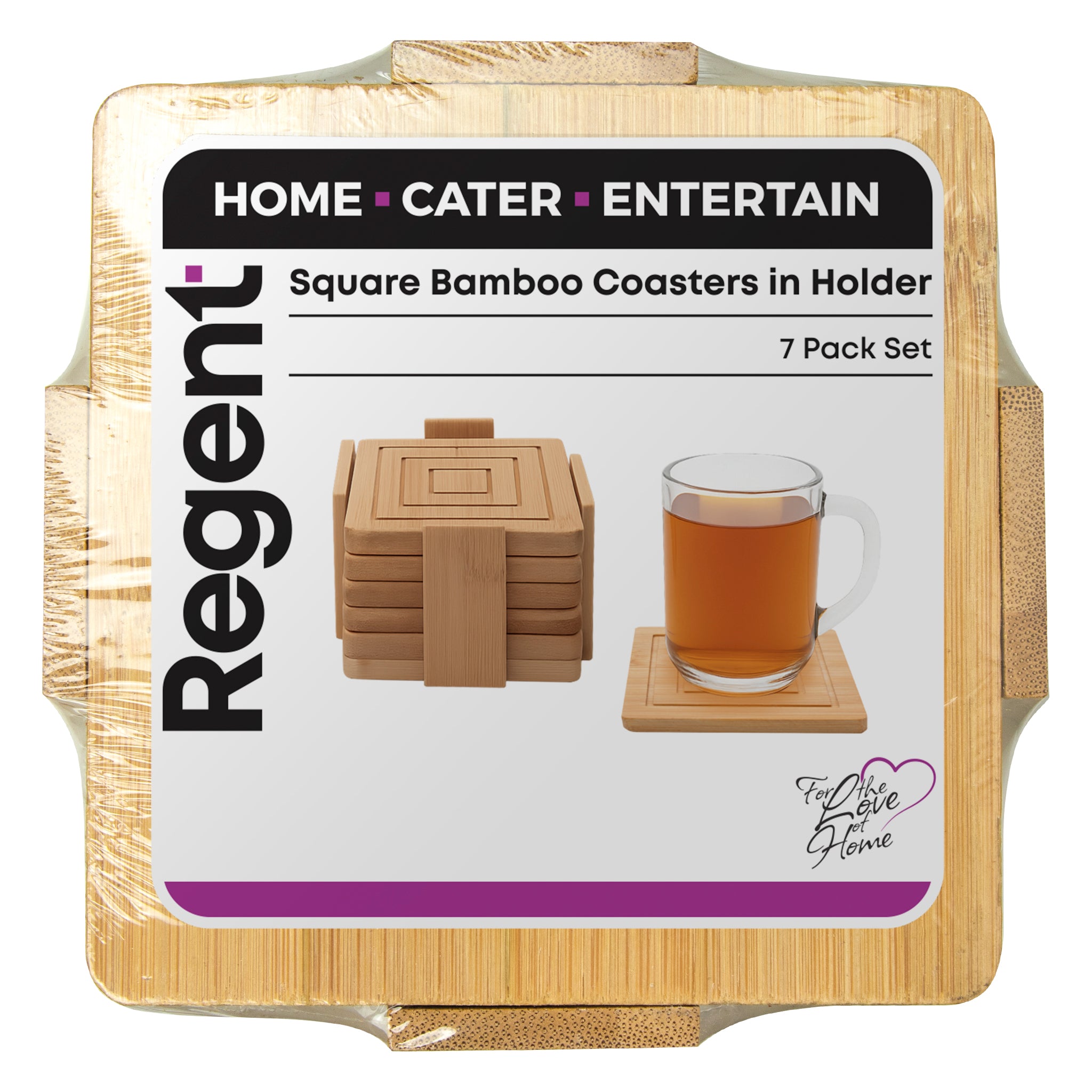 REGENT BAMBOO SQUARE COASTERS IN A HOLDER 7 PIECE SET, 100X100MM