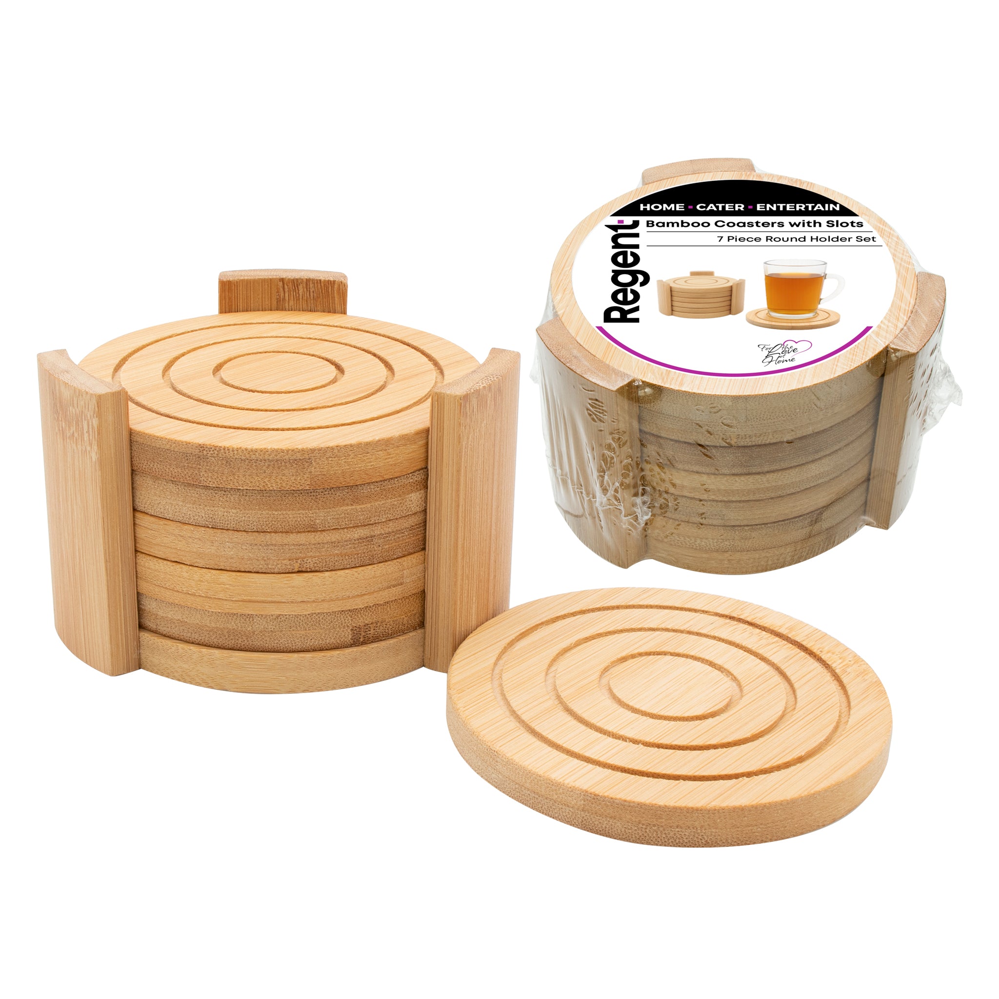 REGENT BAMBOO ROUND COASTERS IN A HOLDER 7 PIECE SET, 100MM DIA