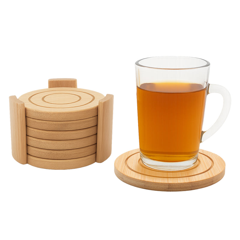 REGENT BAMBOO ROUND COASTERS IN A HOLDER 6 PCE SET, 100MM DIA EA