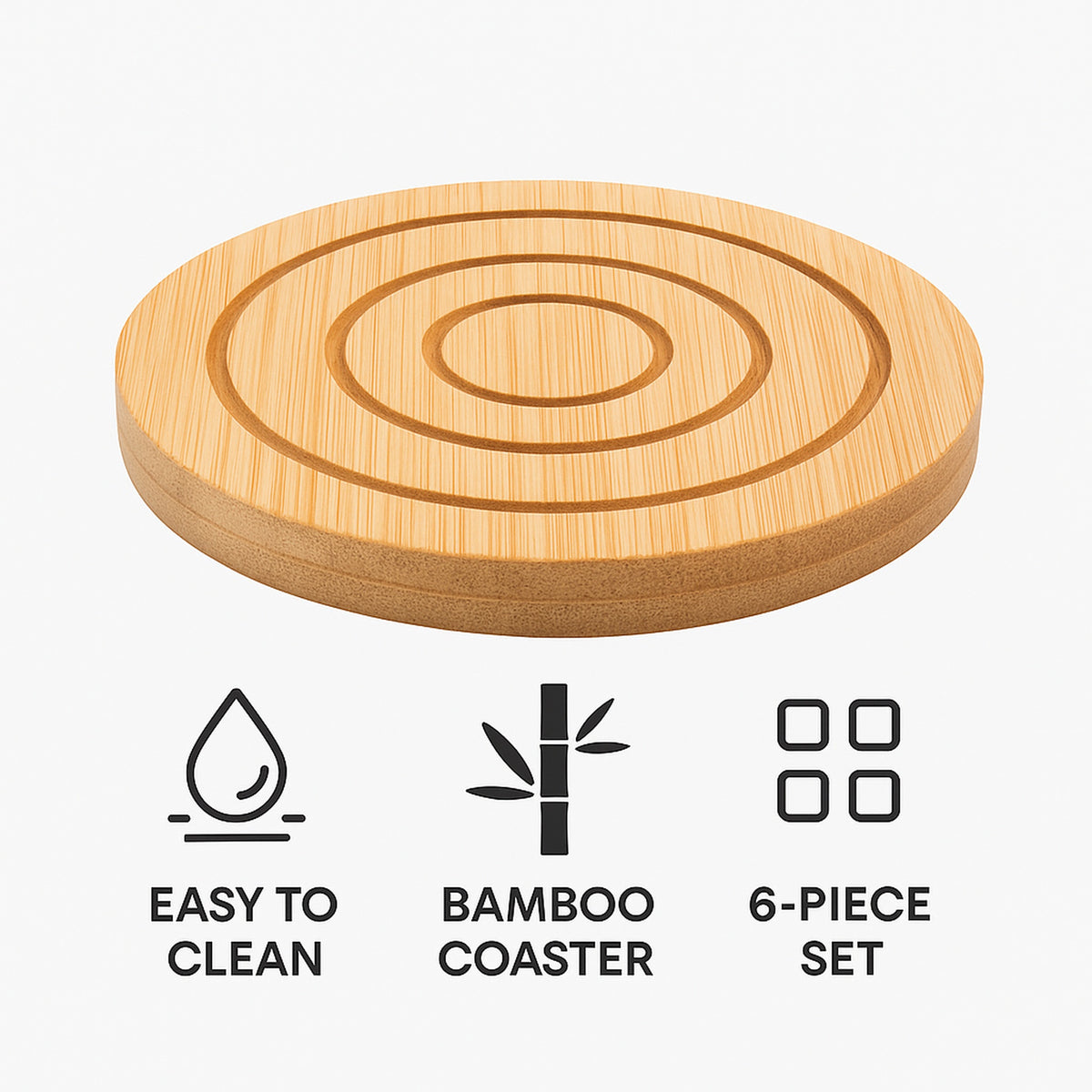 REGENT BAMBOO ROUND COASTERS 100MM DIA. IN A HOLDER 7 PIECE SET