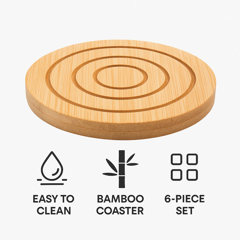 REGENT BAMBOO ROUND COASTERS IN A HOLDER 6 PCE SET, 100MM DIA