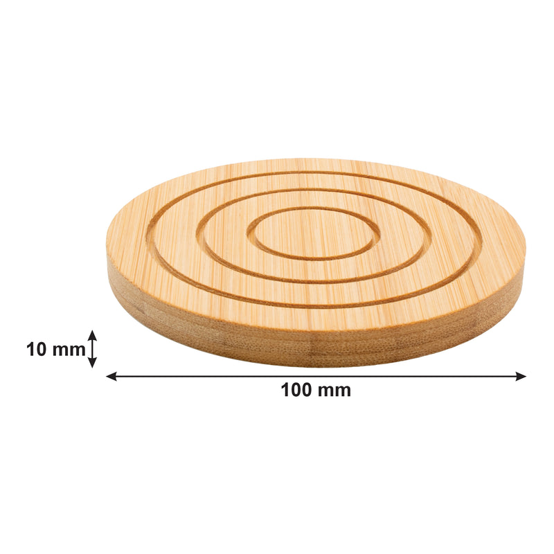 REGENT BAMBOO ROUND COASTERS IN A HOLDER 6 PCE SET, (100MM DIAX10MM - 115 DIA X70MM SET)