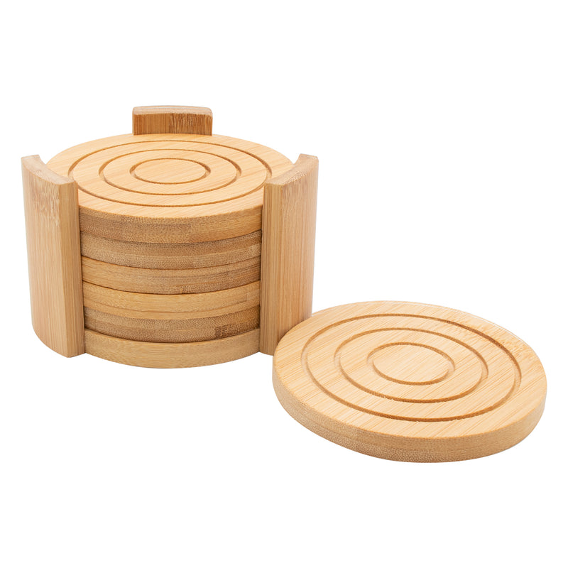 REGENT BAMBOO ROUND COASTERS IN A HOLDER 6 PCE SET, (100MM DIAX10MM - 115 DIA X70MM SET)
