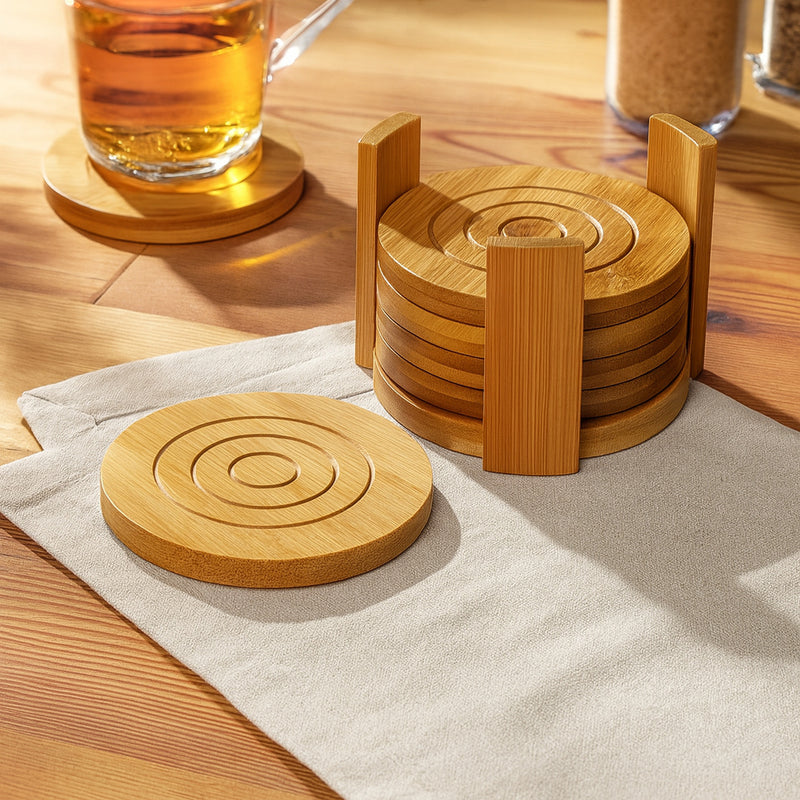 REGENT BAMBOO ROUND COASTERS IN A HOLDER 7PCS SET, 100MM DIA