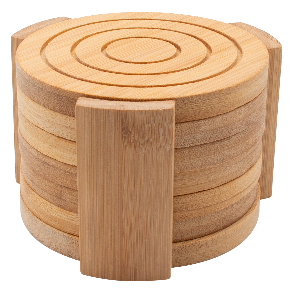 REGENT BAMBOO ROUND COASTERS 100MM DIA. IN A HOLDER 7 PIECE SET