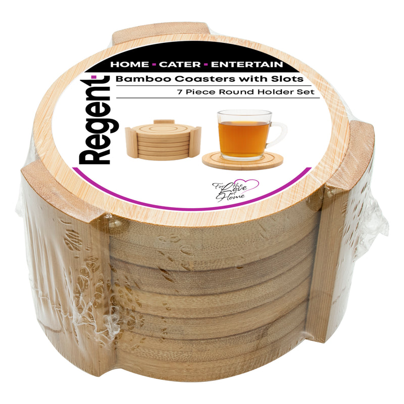 REGENT BAMBOO ROUND COASTERS IN A HOLDER 7PK SET, 100MM DIA