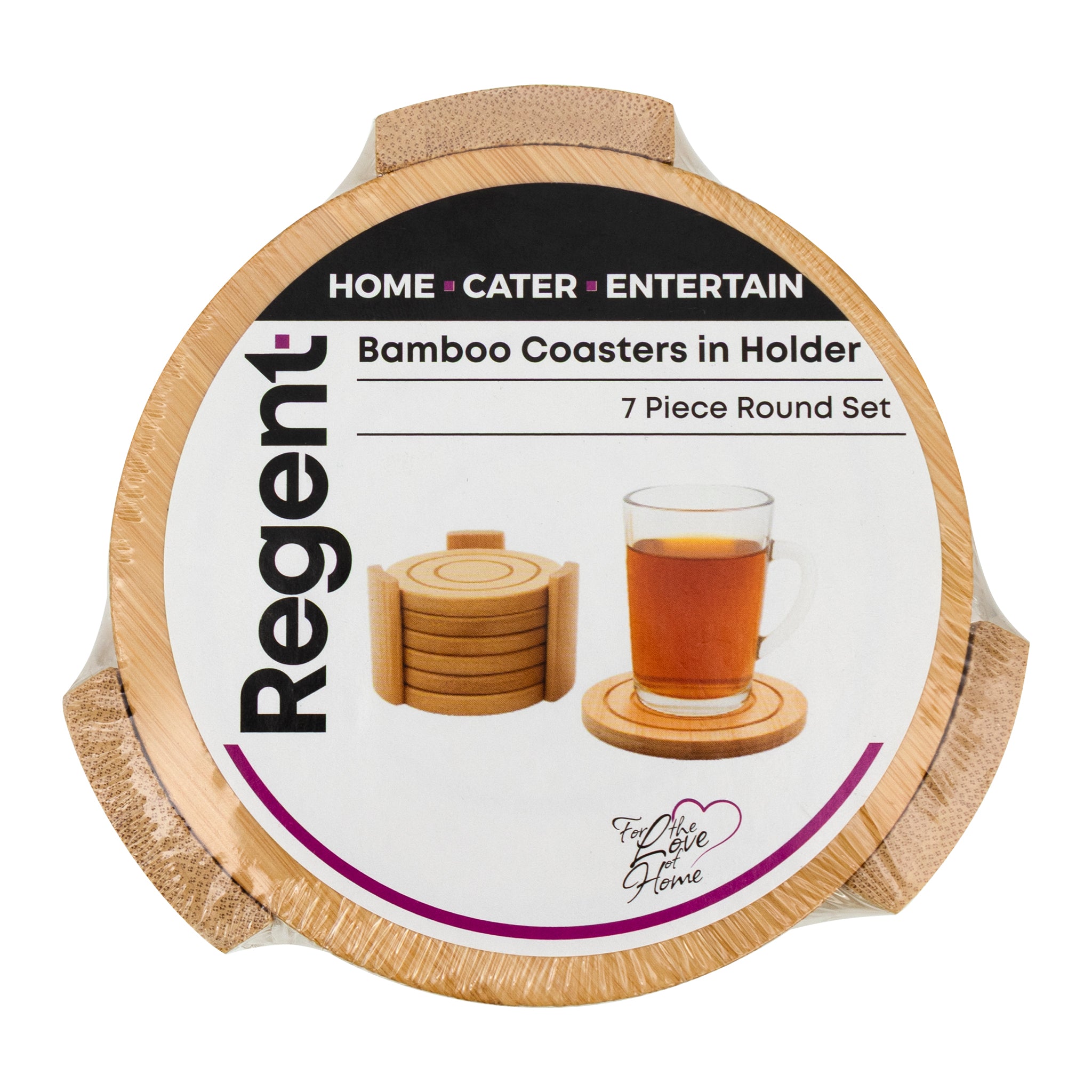 REGENT BAMBOO ROUND COASTERS 100MM DIA. IN A HOLDER 7 PIECE SET