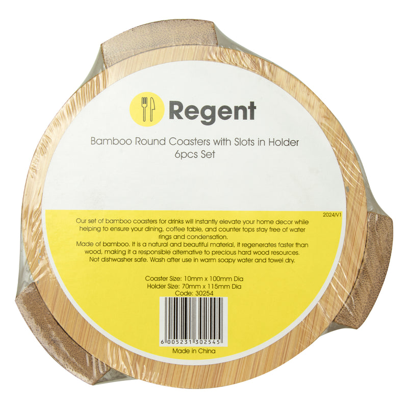 REGENT BAMBOO ROUND COASTERS IN A HOLDER 6 PCE SET, (100MM DIAX10MM - 115 DIA X70MM SET)