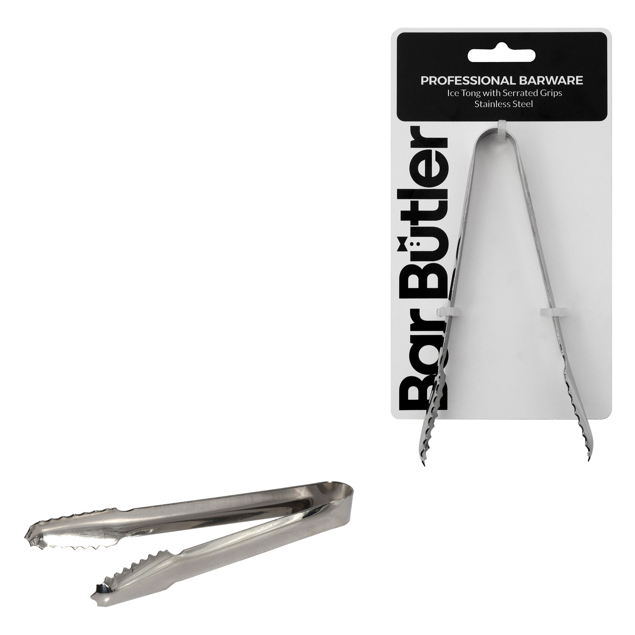 BAR BUTLER ICE TONG STAINLESS STEEL WITH SERRATED ICE GRIPS