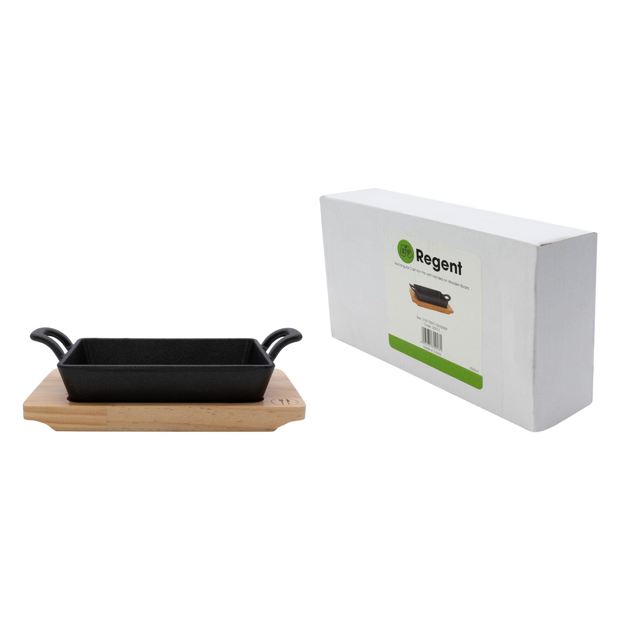 REGENT COOKWARE CAST IRON RECTANGULAR PAN WITH 2 HANDLES ON A WOODEN BOARD, 215/160X115MM