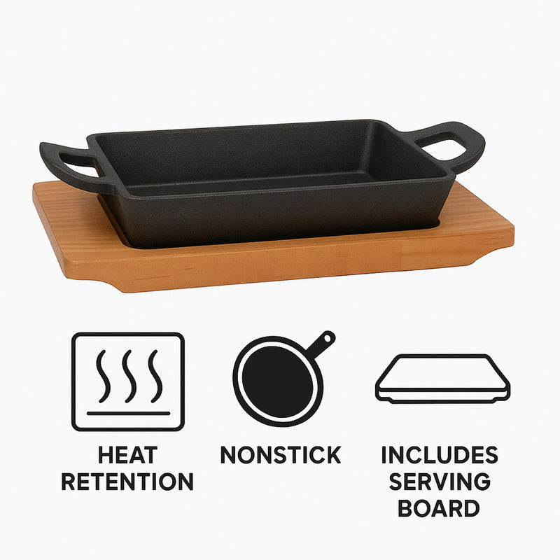 REGENT COOKWARE CAST IRON RECTANGULAR PAN WITH 2 HANDLES ON A WOODEN BOARD, (215X125X65MM)
