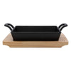 REGENT COOKWARE CAST IRON RECTANGULAR PAN WITH 2 HANDLES ON A WOODEN BOARD, 215/160X115MM