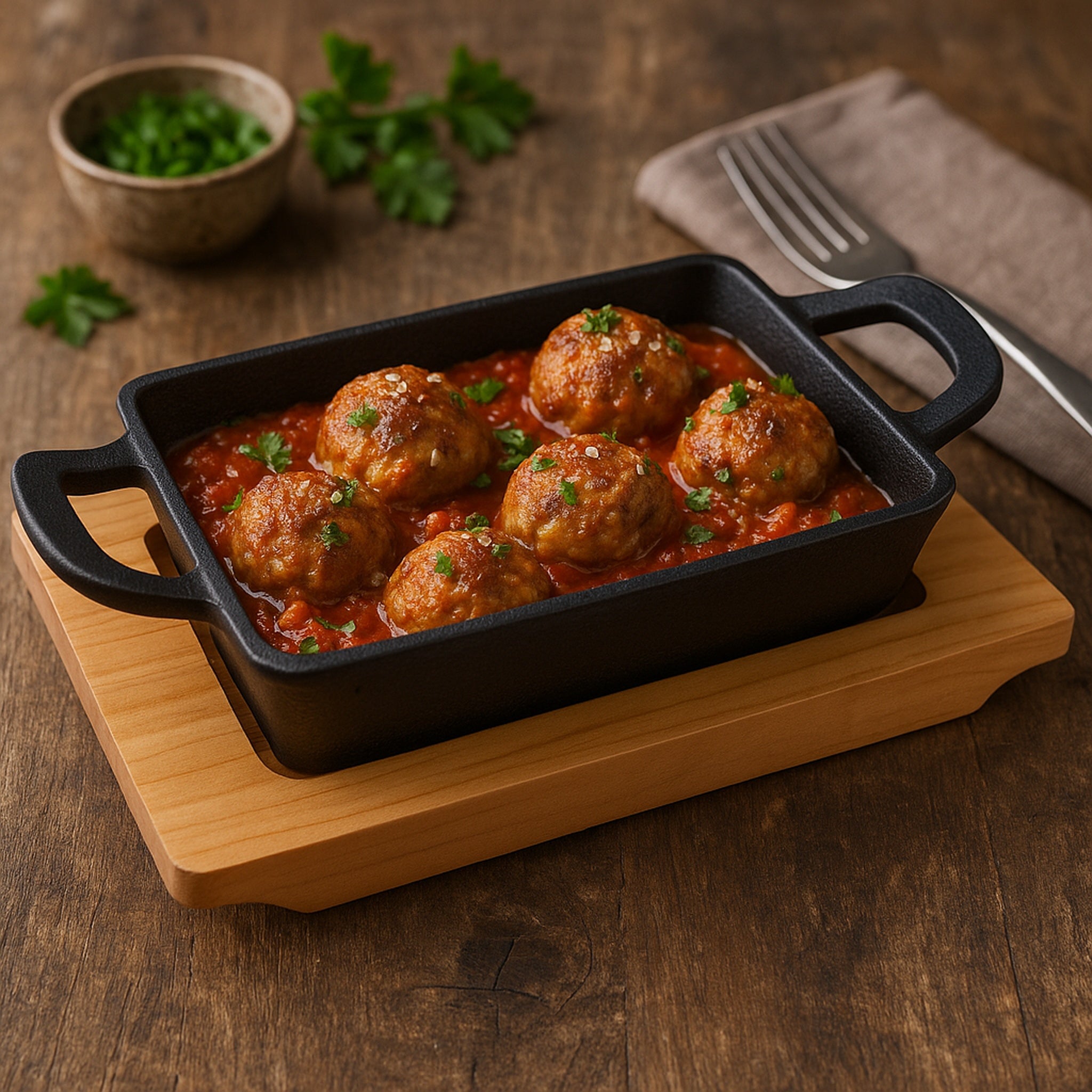 REGENT COOKWARE CAST IRON RECTANGULAR PAN WITH 2 HANDLES ON A WOODEN BOARD, 215/160X115MM