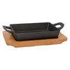 REGENT COOKWARE CAST IRON RECTANGULAR PAN WITH 2 HANDLES ON A WOODEN BOARD, 215/160X115MM