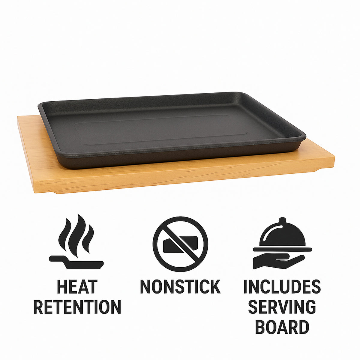 REGENT COOKWARE CAST IRON RECTANGULAR PLATTER ON A WOODEN BOARD, 235X175MM