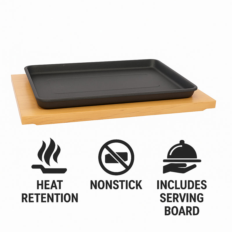 REGENT COOKWARE CAST IRON RECTANGULAR PLATTER ON A WOODEN BOARD, (270X180X35MM)