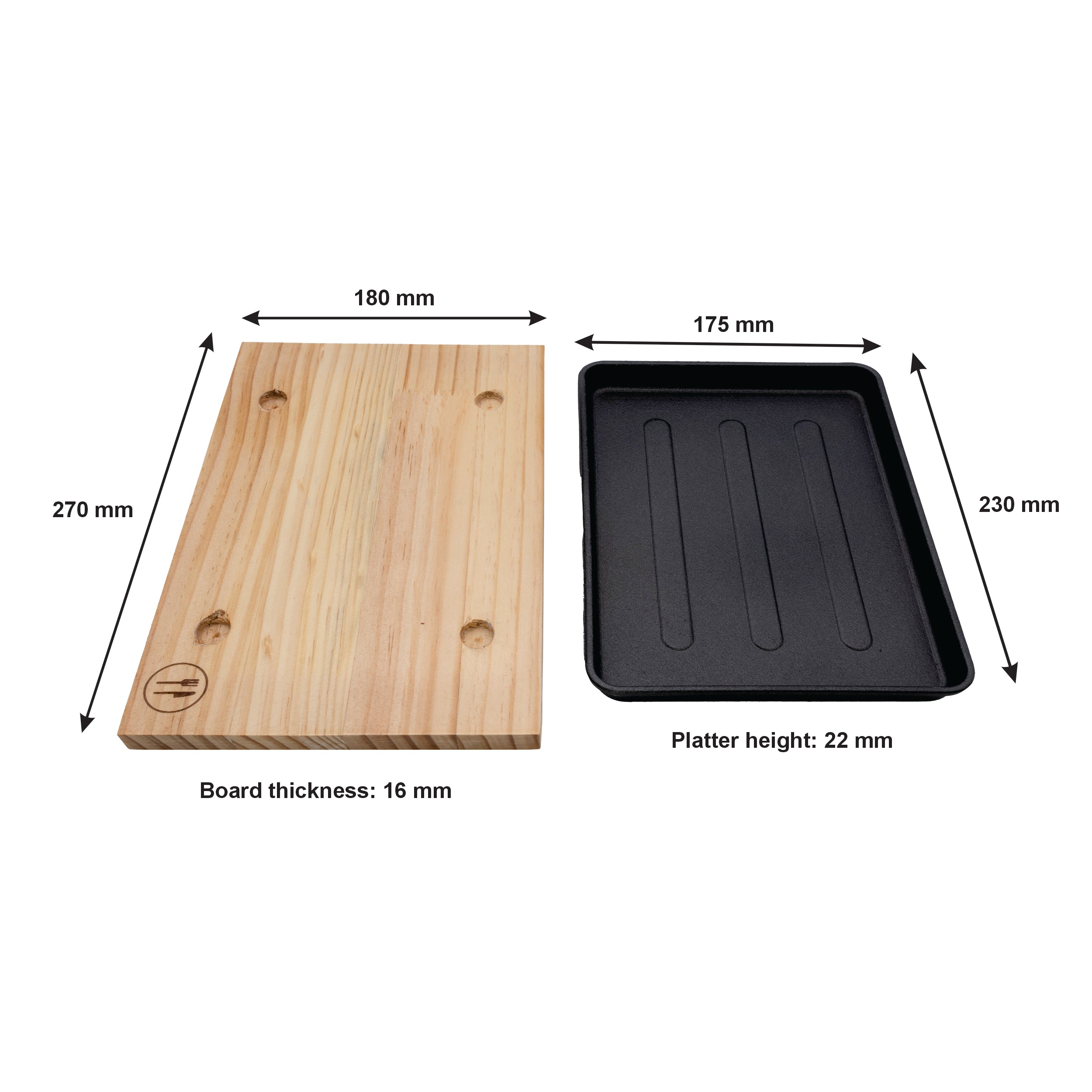 REGENT COOKWARE CAST IRON RECTANGULAR PLATTER ON A WOODEN BOARD, 235X175MM