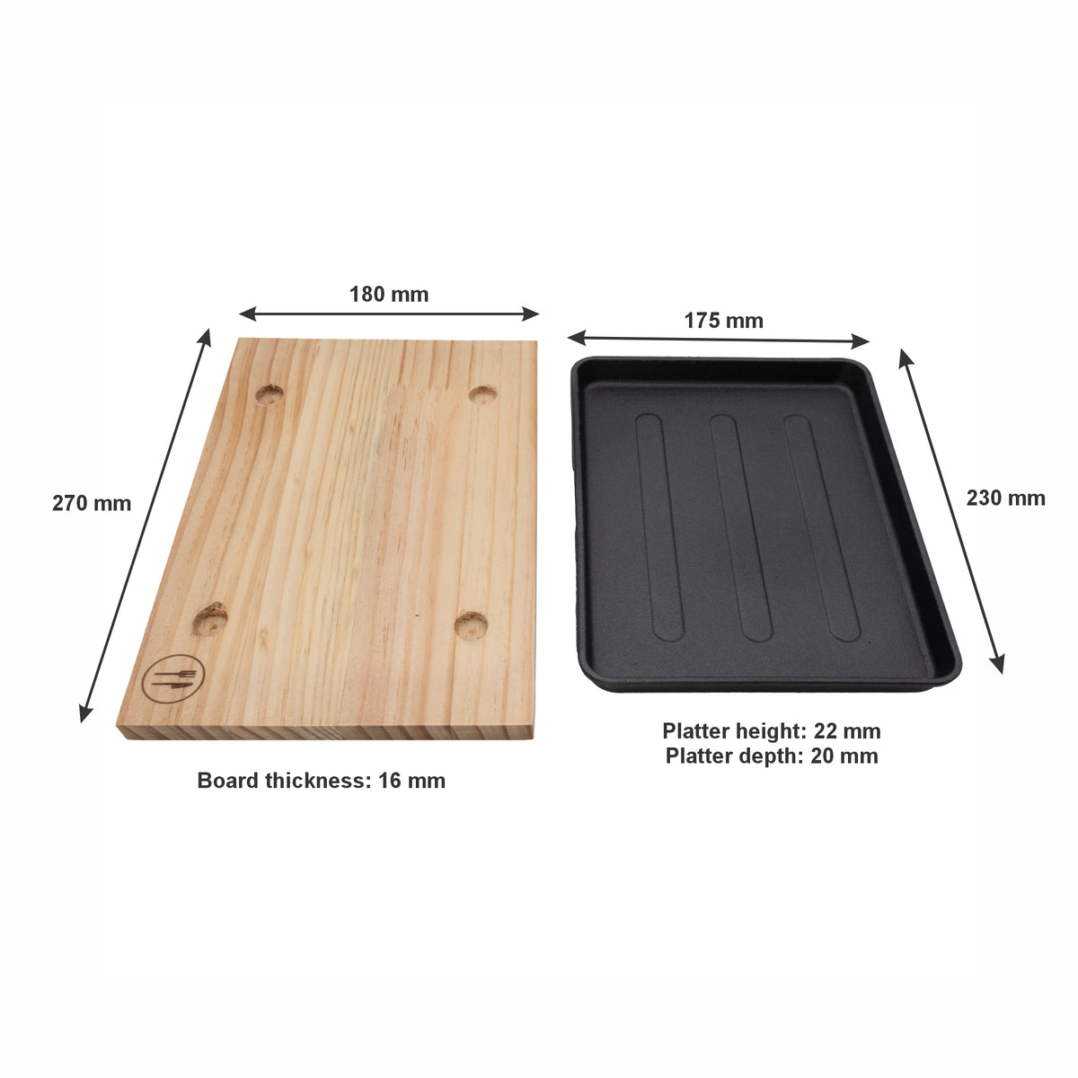REGENT COOKWARE CAST IRON RECTANGULAR PLATTER ON A WOODEN BOARD, 235X175MM