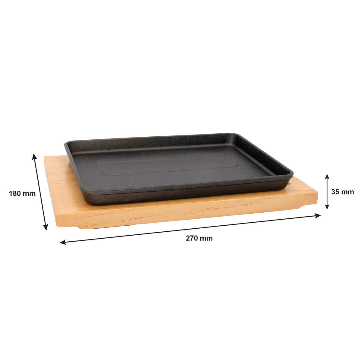 REGENT COOKWARE CAST IRON RECTANGULAR PLATTER ON A WOODEN BOARD, 235X175MM