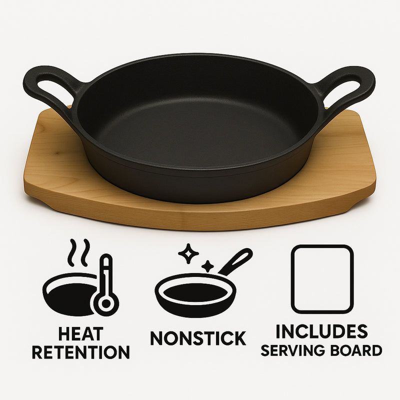 REGENT COOKWARE CAST IRON PAN WITH 2 HANDLES ON A WOODEN BOARD, (250X180X79MM)