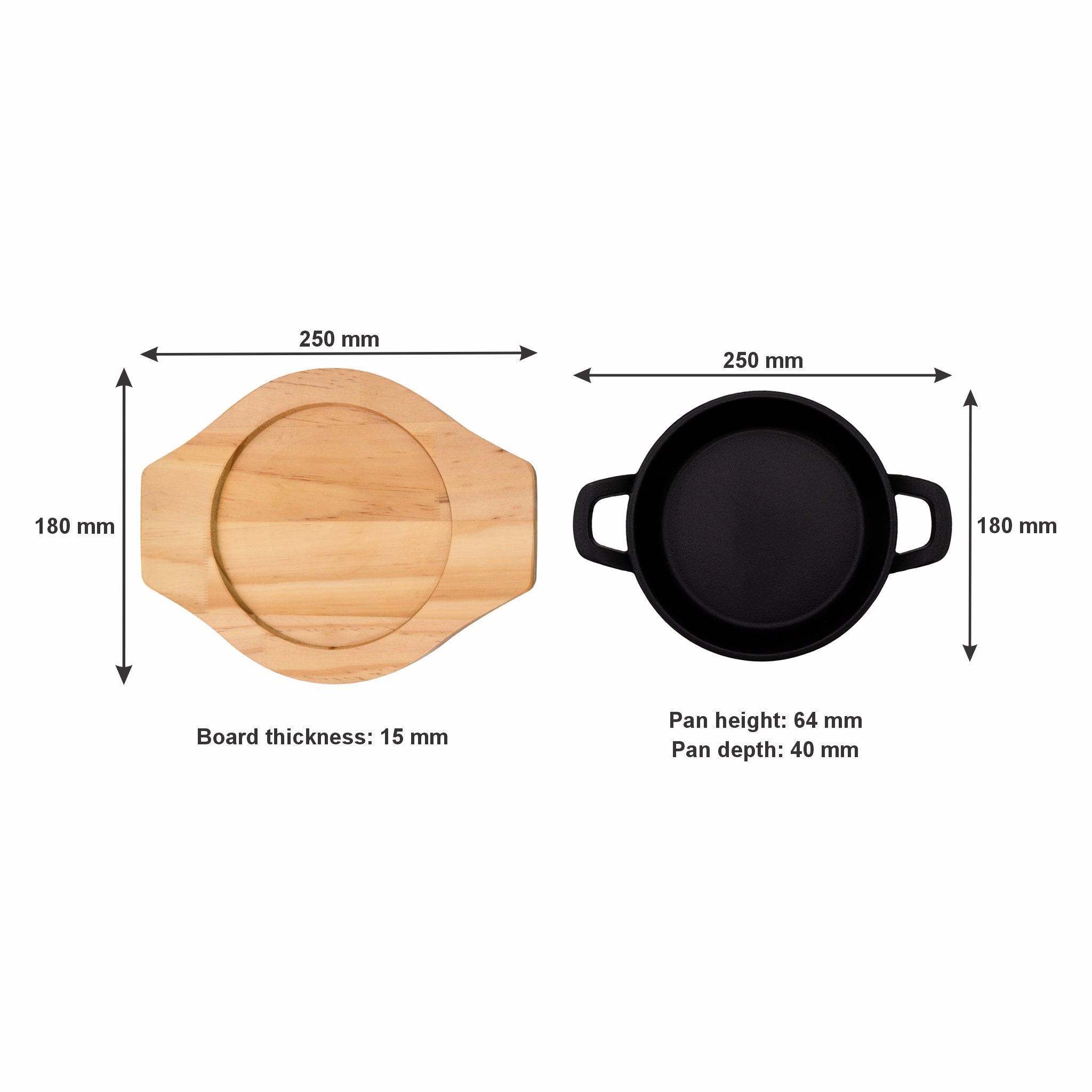REGENT COOKWARE CAST IRON PAN WITH 2 HANDLES ON A WOODEN BOARD, 180MM DIAX245MM