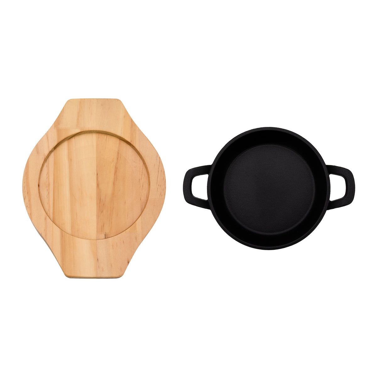REGENT COOKWARE CAST IRON PAN WITH 2 HANDLES ON A WOODEN BOARD, 180MM DIAX245MM
