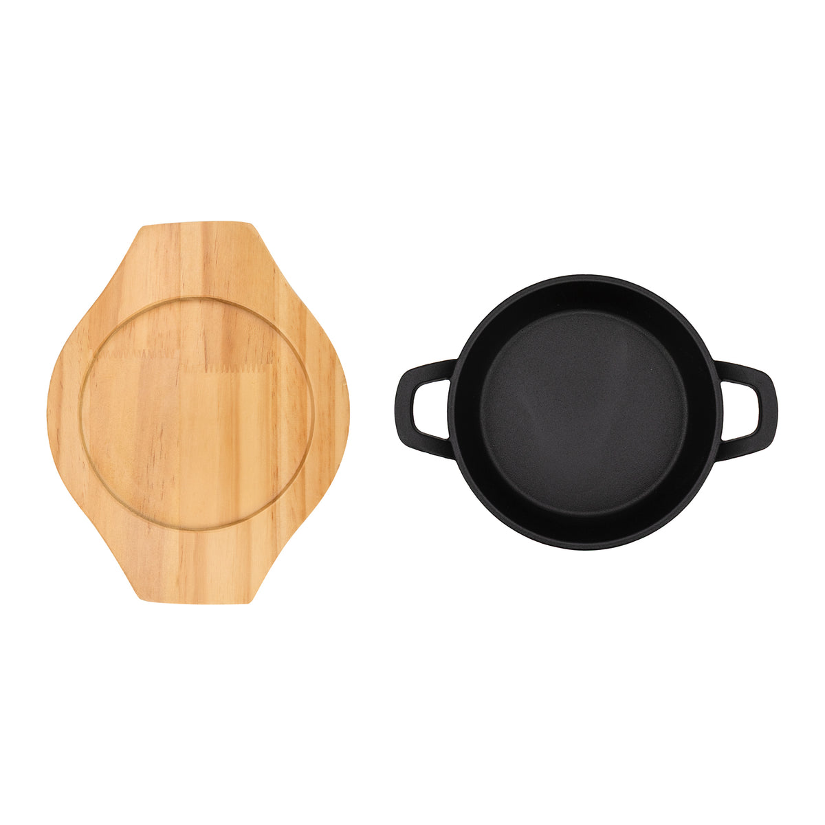 REGENT COOKWARE CAST IRON PAN WITH 2 HANDLES ON A WOODEN BOARD, 180MM DIAX245MM