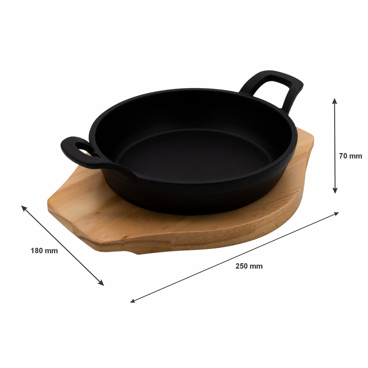REGENT COOKWARE CAST IRON PAN WITH 2 HANDLES ON A WOODEN BOARD, 180MM DIAX245MM
