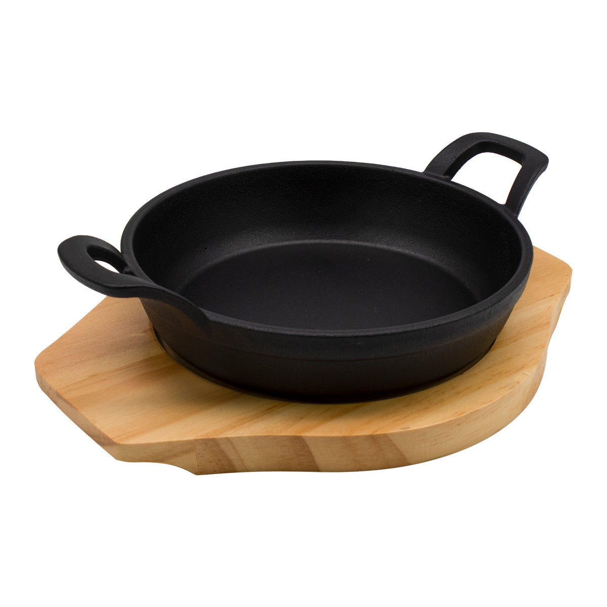 REGENT COOKWARE CAST IRON PAN WITH 2 HANDLES ON A WOODEN BOARD, 180MM DIAX245MM