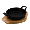 REGENT COOKWARE CAST IRON PAN WITH 2 HANDLES ON A WOODEN BOARD, 180MM DIAX245MM