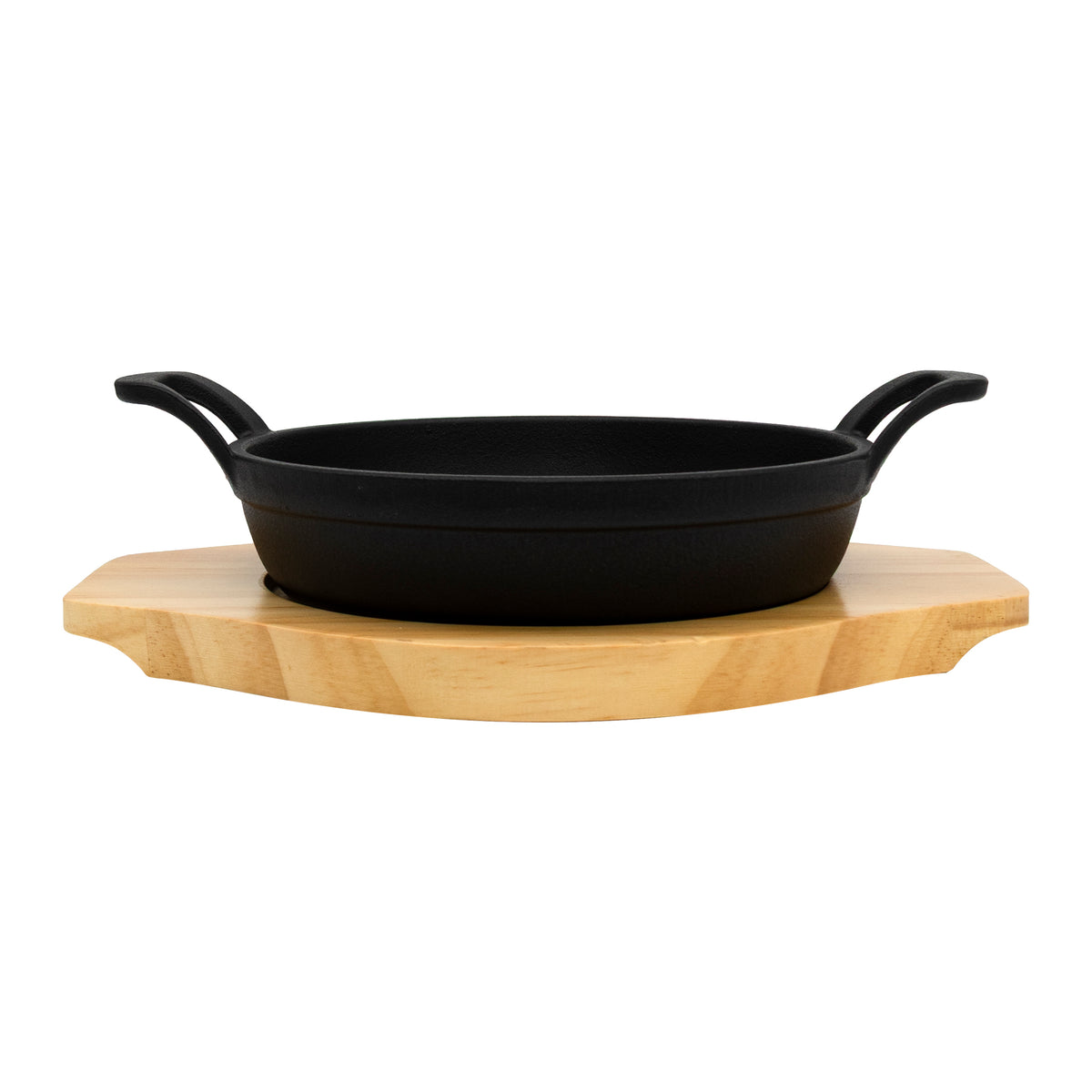 REGENT COOKWARE CAST IRON PAN WITH 2 HANDLES ON A WOODEN BOARD, 180MM DIAX245MM