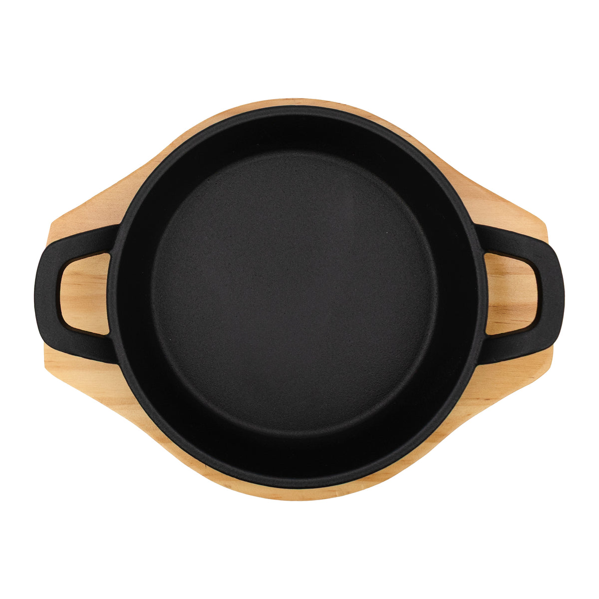 REGENT COOKWARE CAST IRON PAN WITH 2 HANDLES ON A WOODEN BOARD, 180MM DIAX245MM
