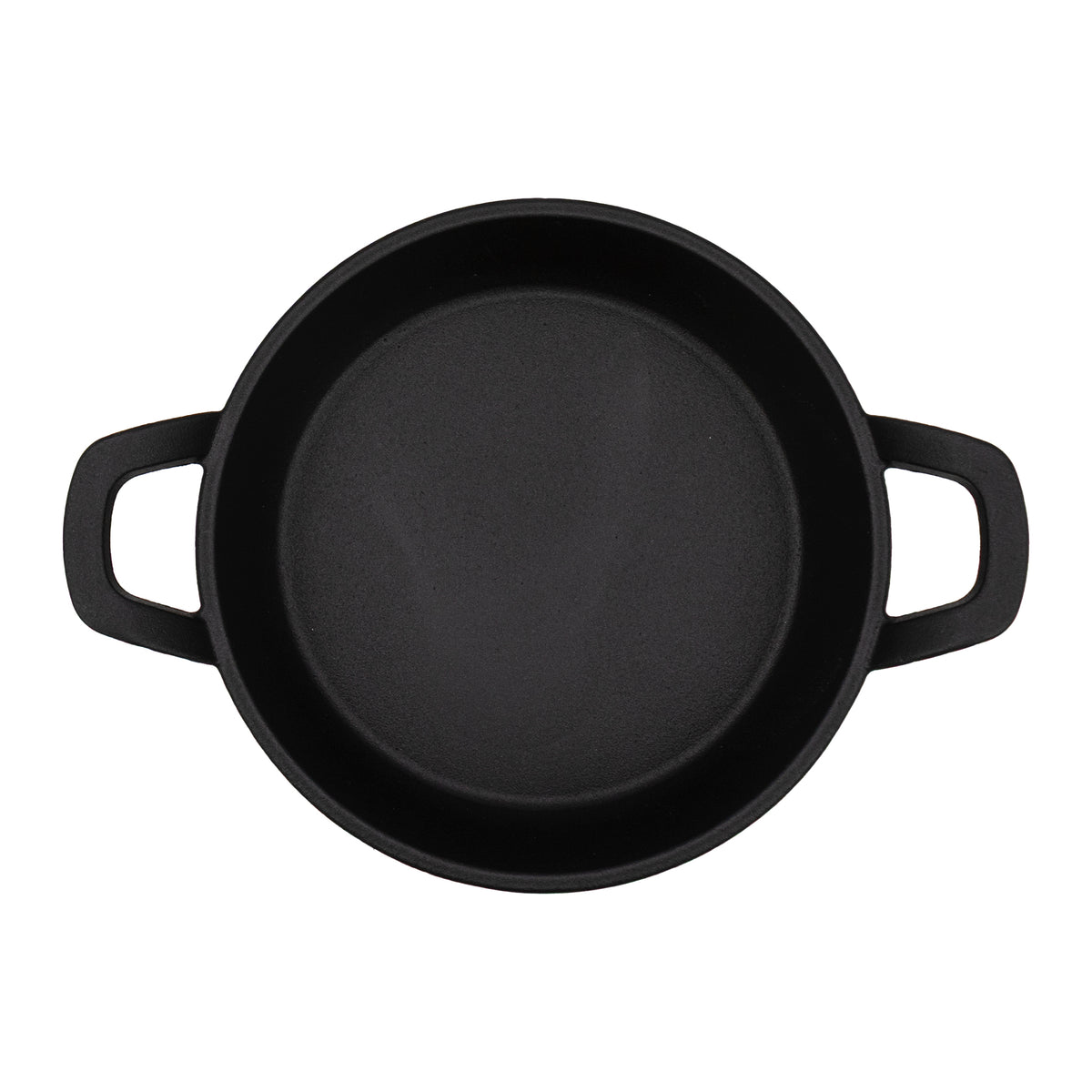 REGENT COOKWARE CAST IRON PAN WITH 2 HANDLES ON A WOODEN BOARD, 180MM DIAX245MM