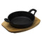 REGENT COOKWARE CAST IRON PAN WITH 2 HANDLES ON A WOODEN BOARD, (250X180X79MM)