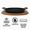 REGENT COOKWARE CAST IRON OVAL PAN WITH 2 HANDLES ON A WOODEN BOARD, (225X120X55MM)