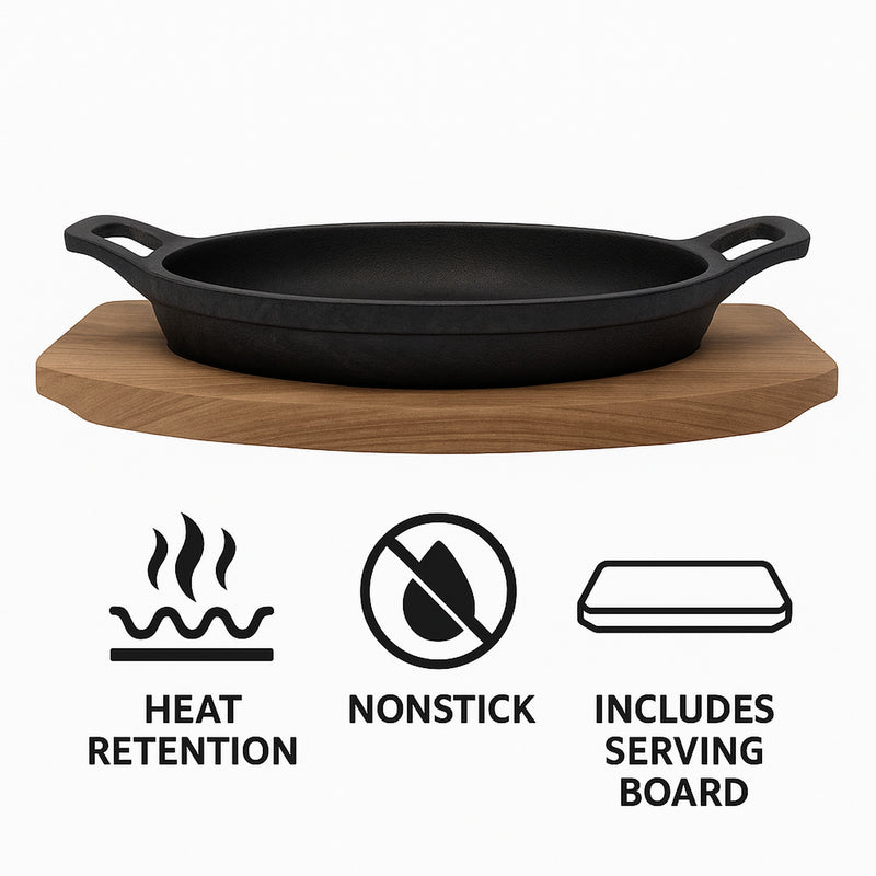 REGENT COOKWARE CAST IRON OVAL PAN WITH 2 HANDLES ON A WOODEN BOARD, (225X120X55MM)