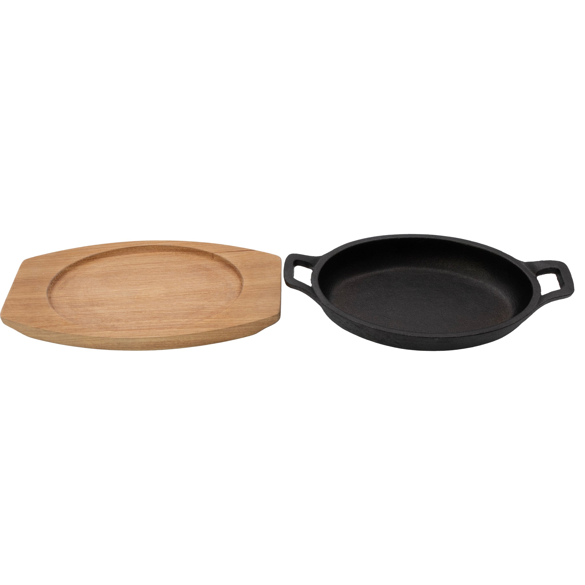 REGENT COOKWARE CAST IRON OVAL PAN WITH 2 HANDLES ON A WOODEN BOARD, 225X120MM