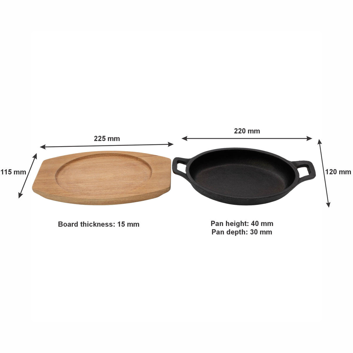 REGENT COOKWARE CAST IRON OVAL PAN WITH 2 HANDLES ON A WOODEN BOARD, 225X120MM