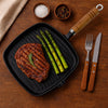 REGENT COOKWARE CAST IRON SQUARE SKILLET WITH WOODEN HANDLE, 390/220X235X30MM