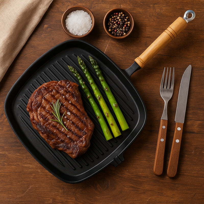 REGENT COOKWARE CAST IRON SQUARE SKILLET WITH WOODEN HANDLE, (425/245X250X20MM)