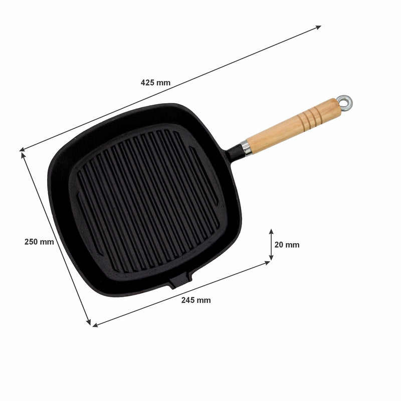 REGENT COOKWARE CAST IRON SQUARE SKILLET WITH WOODEN HANDLE, 425/245X250X20MM