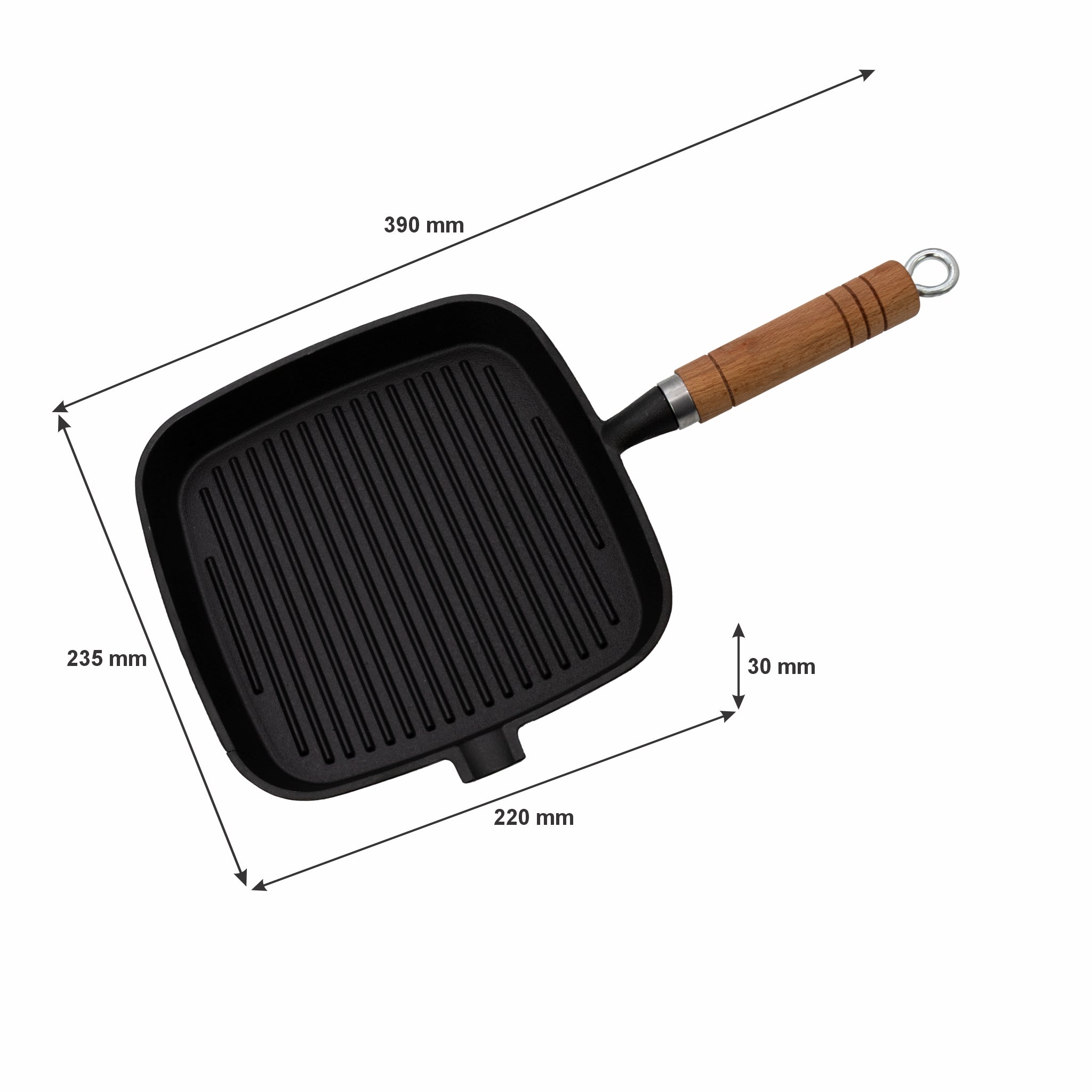 REGENT COOKWARE CAST IRON SQUARE SKILLET WITH WOODEN HANDLE, 390/220X235X30MM