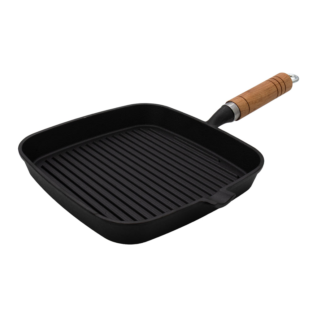 REGENT COOKWARE CAST IRON SQUARE SKILLET WITH WOODEN HANDLE, 390/220X2