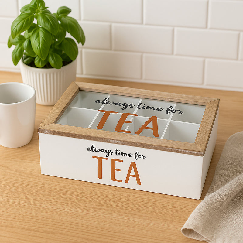 REGENT KITCHEN TEA BOX WITH 8 PARTITIONS WOOD AND GLASS, 315X190MM
